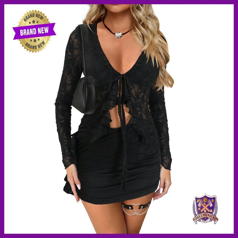 Long Sleeve Lace Crop Top and Mini Skirt Set, Polyester Spandex, XS-XL
